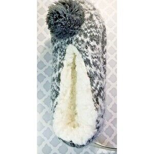 Women's Slippers Cable Knit Pom-Pom Gray White Faux Fur Bee & Willow  L 8-9